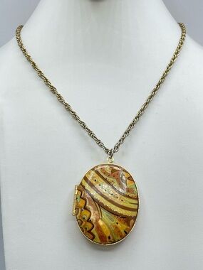 Vintage Gold Oval Necklace Faux Stone Ceramic Inlay Locket Pendant Southwestern